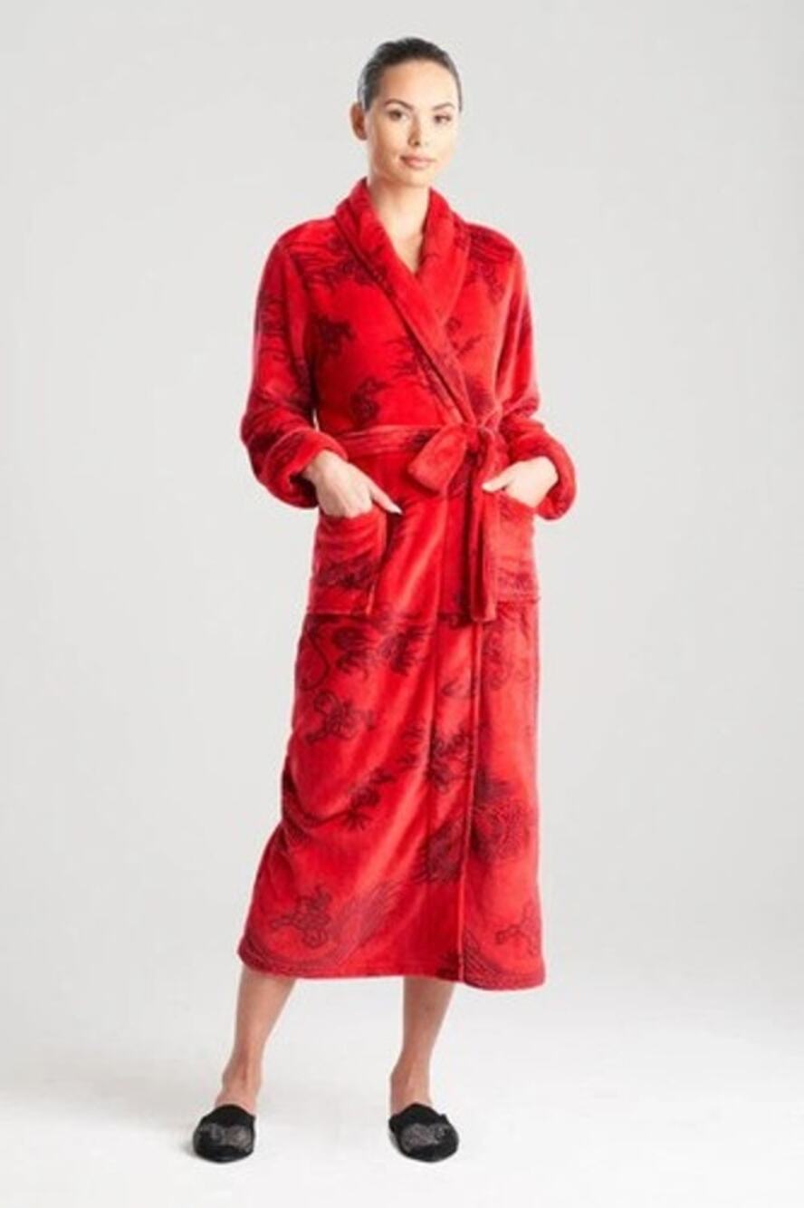 Natori Ryu Jacquard Robe, Dragon, Plush Velour, Brocade Red, Womens  Sz XS